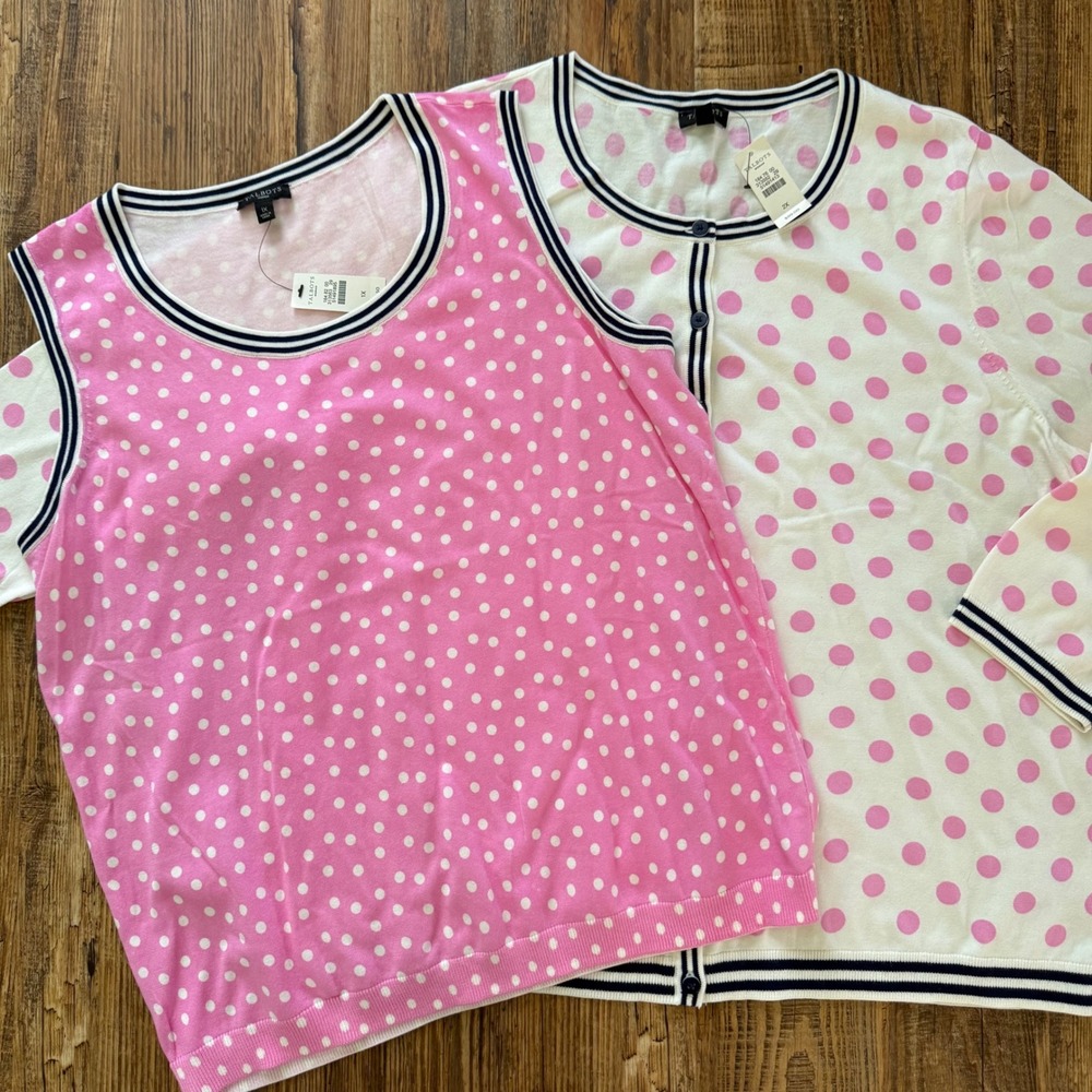 NWT Talbots Charming Cardigan Sweater Set Womens 1X 2X Pink Polka Dot XL XXL NEW